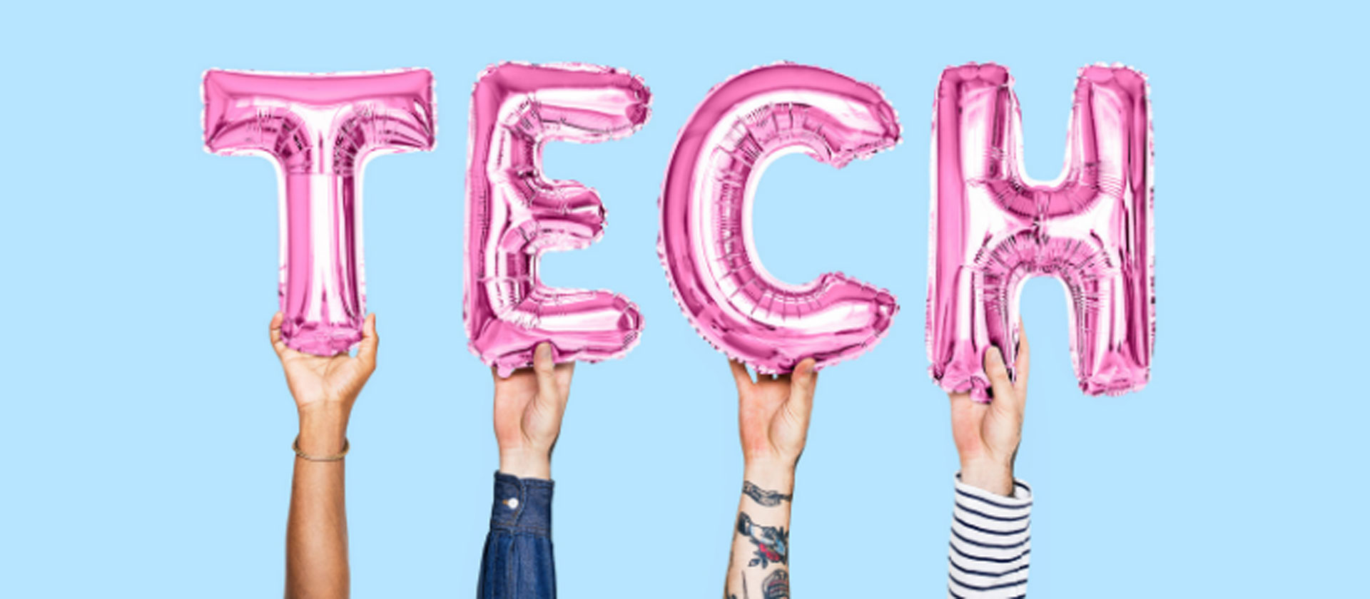 Four balloons forming the word tech